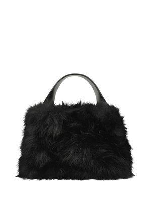 Small black handbag with fluffy fur texture and short, smooth black handles on a white background.