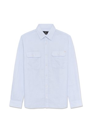 Světle modrá košile s dlouhým rukávem na knoflíky, vyrobená z texturované látky. Má dvě náprsní kapsy a klasický límec. Neformální design.