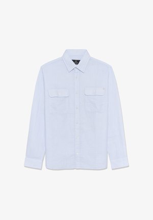 Šviesiai mėlyna ilgomis rankovėmis mygtukais užsegama marškiniai, pagaminti iš tekstūruotos medžiagos. Turi dvi krūtinės kišenes ir klasikinius apykaklę. Kasdienio stiliaus dizainas.