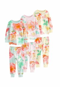 Set of four floral-patterned pajama sets featuring soft, pastel colors with vibrant flowers and green leaves; includes long-sleeve tops and pants.
