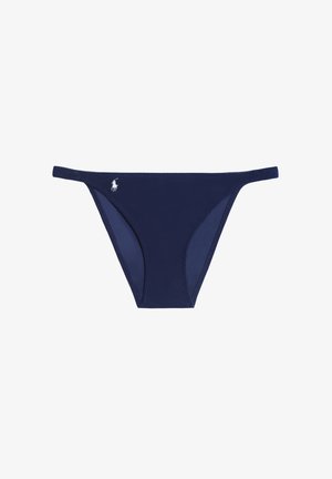 Tengerészkék bikini alsó vékony oldalszíjakkal és egy kis fehér Polo Ralph Lauren logóval a bal elején.