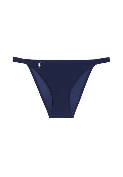 Bikini albastru închis cu bretele laterale subțiri și un mic logo Polo Ralph Lauren alb pe partea stângă din față.