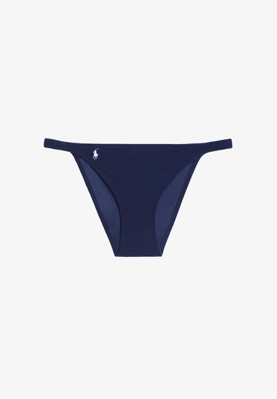 Bikini albastru închis cu bretele laterale subțiri și un mic logo Polo Ralph Lauren alb pe partea stângă din față.