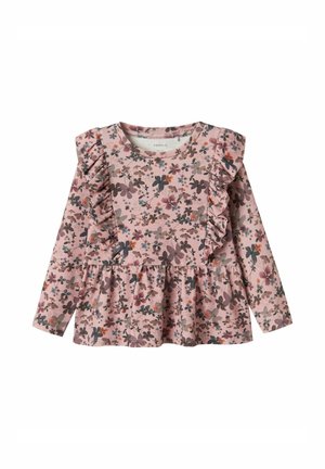Top in cotone rosa a maniche lunghe con un motivo floreale in vari colori, con dettagli arricciati lungo le spalle e una fodera a peplum.