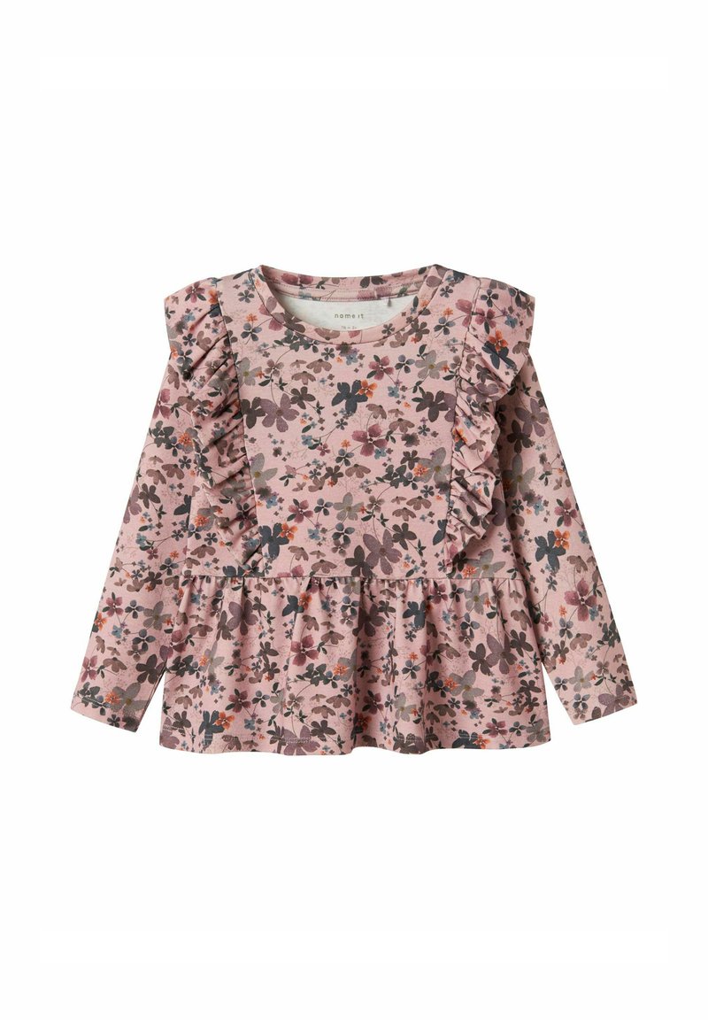 Langärmliges, rosa Baumwolloberteil mit einem floralen Muster in verschiedenen Farben, rüschierten Akzenten an den Schultern und einem Peplum-Saum.