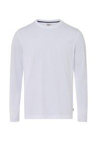 Langærmet hvid T-shirt lavet af blødt stof, med en rund halsudskæring og et lille logo mærke på sømmen. Glat tekstur, enkelt design.