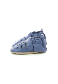 Scarpine per bambini in pelle blu con design ritagliati, morbida elastico attorno alla caviglia e una suola in suede beige per flessibilità e comfort.