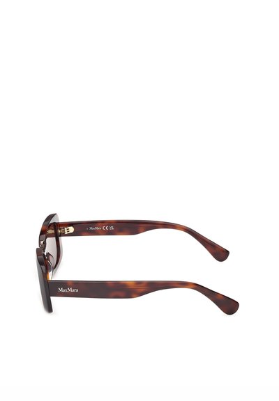 Tortoiseshell rectangular sunglasses with thick frames and arms, MaxMara logo on the side arm, shown from the side on a white background.