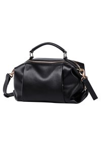 Borsa a tracolla nera in materiale sintetico con una texture liscia, dettagli in zip dorato, doppio manico e una tracolla removibile, caratterizzata da una forma arrotondata.