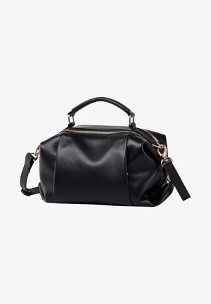 Borsa a tracolla nera in materiale sintetico con una texture liscia, dettagli in zip dorato, doppio manico e una tracolla removibile, caratterizzata da una forma arrotondata.
