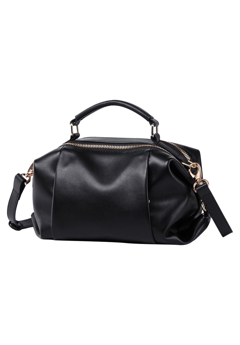 Borsa a tracolla nera in materiale sintetico con una texture liscia, dettagli in zip dorato, doppio manico e una tracolla removibile, caratterizzata da una forma arrotondata.