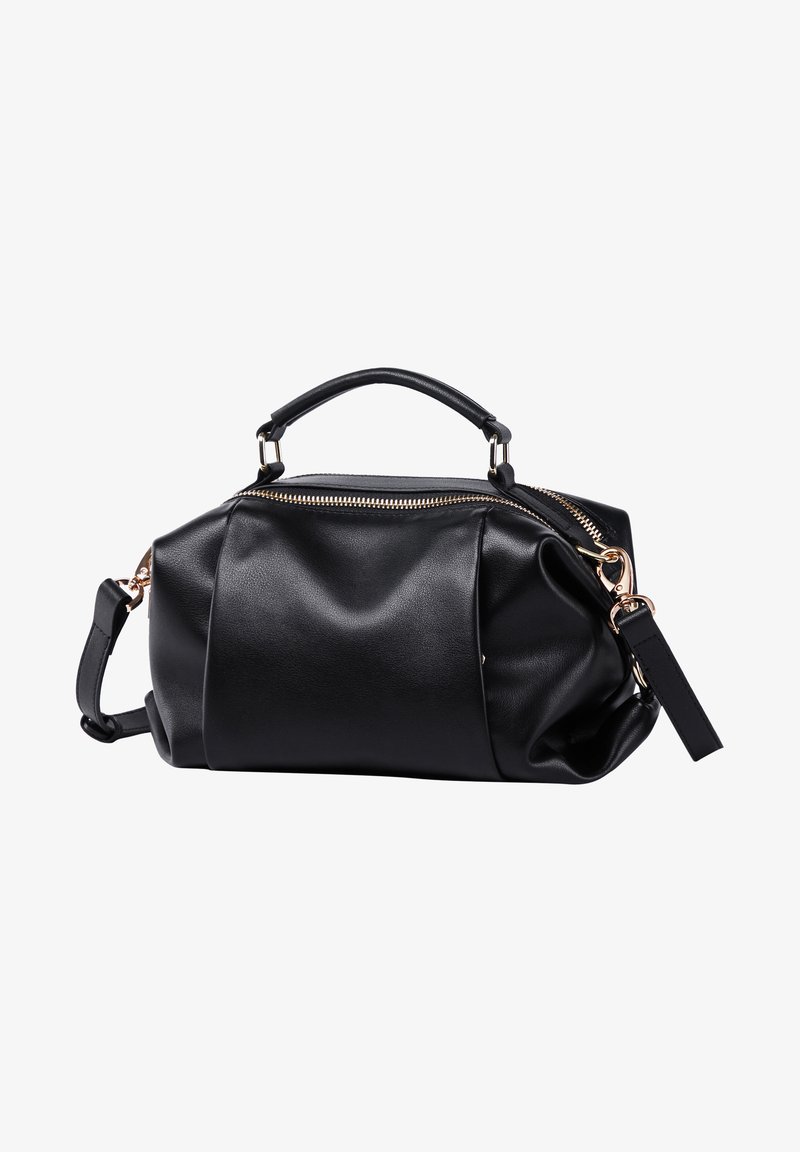 Borsa a tracolla nera in materiale sintetico con una texture liscia, dettagli in zip dorato, doppio manico e una tracolla removibile, caratterizzata da una forma arrotondata.