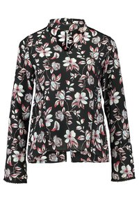 Blouse noire à manches longues avec un motif floral blanc et rouge, col montant et fermeture éclair à l'avant. Détail de l'ourlet accentué.