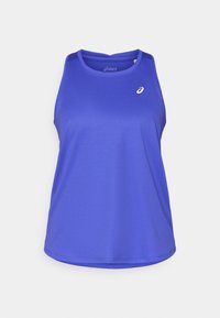 Débardeur de sport bleu sans manches avec un col rond et un petit logo blanc Asics sur la poitrine gauche, présenté sur fond uni.