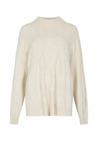 Kremowy sweter wykonany na drutach z prążkowanym kołnierzem, zdobiony geometrycznym wzorem i srebrnymi akcentami. Luźny krój z długimi rękawami.