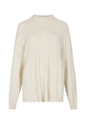 Suéter de punto crema con cuello de canalé, que presenta un patrón geométrico y detalles plateados a lo largo. Corte relajado con mangas largas.