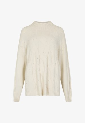 Suéter de punto crema con cuello de canalé, que presenta un patrón geométrico y detalles plateados a lo largo. Corte relajado con mangas largas.