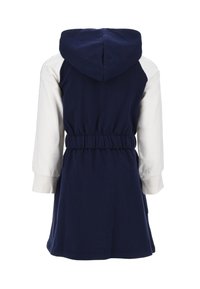 Abito in cotone blu navy con maniche bianche, vita elastica e cappuccio. Presenta un design casual e una vestibilità di media lunghezza.