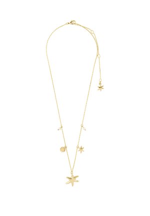 Collier en chaîne d'or délicate avec des breloques en forme d'étoile de mer et de soleil, et de petits accents en perles, fermoir réglable et chaîne d'extension.