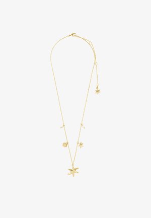 Zarte goldene Halskette mit Seestern- und sonnenförmigen Anhängern sowie kleinen Perlakzenten, verstellbarer Verschluss und Verlängerungskette.