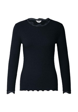 Haut noir à manches longues en tissu côtelé avec finition en dentelle au niveau de l'encolure ronde et des poignets des manches, ourlet légèrement festonné, silhouette cintrée.