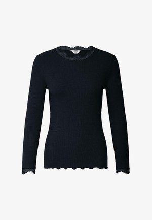 Schwarzes, langärmliges, geripptes Oberteil mit Spitzenbesatz an Rundhalsausschnitt und Bündchen, leicht geschwungener Saum, figurbetonte Silhouette.