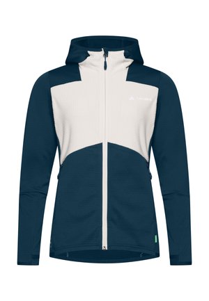 Hooded jack met een twee-kleurige ontwerp: donkerblauwe romp met een lichtgrijze textuur op het voorpaneel en een witte rits. Inclusief ritszakken.