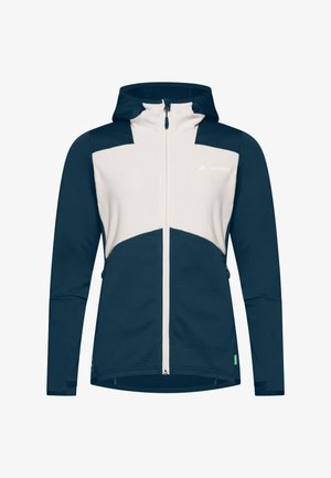 Hooded jack met een twee-kleurige ontwerp: donkerblauwe romp met een lichtgrijze textuur op het voorpaneel en een witte rits. Inclusief ritszakken.