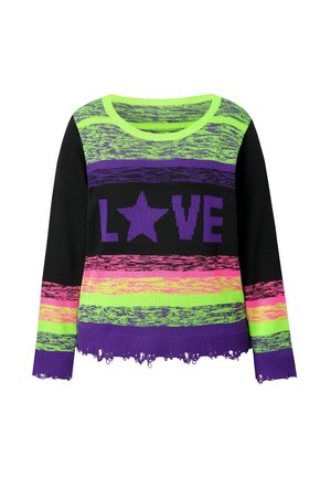 Striktrøje med vandrette striber i sort, neongrøn, pink og lilla, med "KÆRLIGHED" tekst og en stjerne, samt en frynset kant.