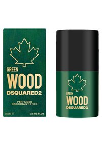 Le stick déodorant parfumé Green Wood présente un capuchon noir élégant et une base cylindrique verte. L'emballage comprend une boîte verte avec un motif de feuille d'érable.