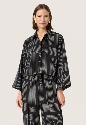 Button-down blouse - black w oatmeal monogram