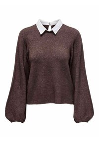 Brun, texturerad tröja med långa, puffiga ärmar och en vit knapp-ner krage. Har en kort, boxig skärning och en subtil glans.