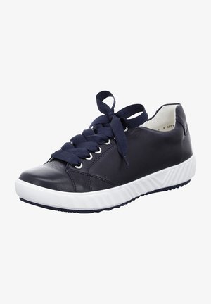 Navy leather sneakers with white rubber soles, round toe, and fabric laces. Features a textured design and contrasting sole for grip.