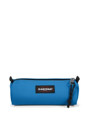 Blue pouch made of durable fabric with a zip closure, feature logo patch, and black accents. Smooth texture, cylindrical shape.