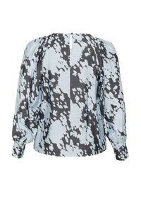 Hellblaue und schwarze gemusterte Bluse mit Puffärmeln, rundem Ausschnitt und Schlüsselöffnung im Rücken. Strukturiertes Gewebe mit lockerer Passform.