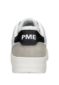 White and gray sneaker with a textured gray suede panel and black heel accent displaying "PME" in white uppercase letters.