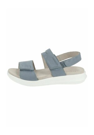 Blaue Ledersandalen mit zwei verstellbaren Riemen, einem weichen, beigen Fußbett und einer weißen, gepolsterten Sohle. Glatte Textur und minimale Nähdetails.