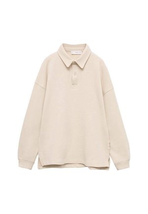 Beżowa koszulka polo z długim rękawem, kołnierzykiem, jednym guzikiem i prążkowanymi mankietami, prezentowana na białym tle.