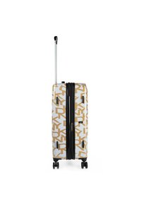 Maleta rígida con una base color crema y un audaz patrón dorado. Cuenta con un asa telescópica, ruedas dobles y un zipper negro.