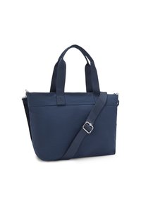 Borsa tote blu navy realizzata in tessuto resistente, con manici corti e una tracolla removibile, caratterizzata da una texture semplice e liscia.