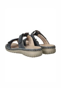 Grijze leren sandalen met verstelbare banden, een gestructureerde binnenzool en een gevoerde beige rubberen zool. Heeft een gestikte randafwerking.