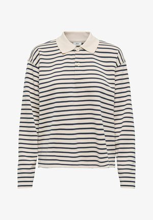 Langermet polo med krage; kremfarget stoff med marineblå horisontale striper; ferdig med to knapper ved kragen.