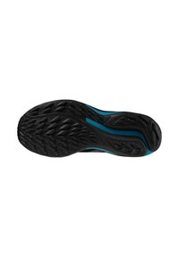 Sole di scarpa sportiva nera con motivo di grip testurizzato, caratterizzata da un accento turchese lungo il lato e un design leggero per una flessibilità migliorata.