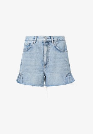 Jasnoniebieskie szorty dżinsowe z postrzępionym wykończeniem, z bocznymi falbankami, przednimi kieszeniami oraz zapięciem na guzik i zamkiem błyskawicznym.