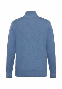 Pulover tricotat albastru cu guler înalt, manșete și tiv cu textură ribbed și un finisaj moale, texturat. Designul prezintă o vedere din spate simplă.