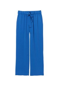 Pantaloni a gamba larga blu con un motivo testurizzato, vita elastica e cordoncino regolabile. Presentano tasche laterali e un tessuto morbido.