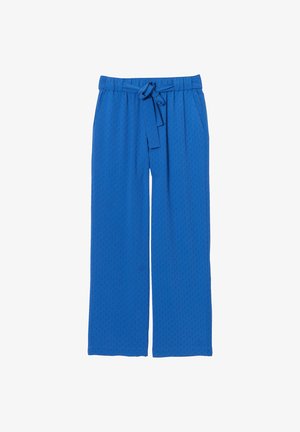 Blaue weit geschnittene Hose mit strukturiertem Muster, elastischem Taillenbund und verstellbarem Kordelzug. Verfügt über seitliche Taschen und ein weiches Material.