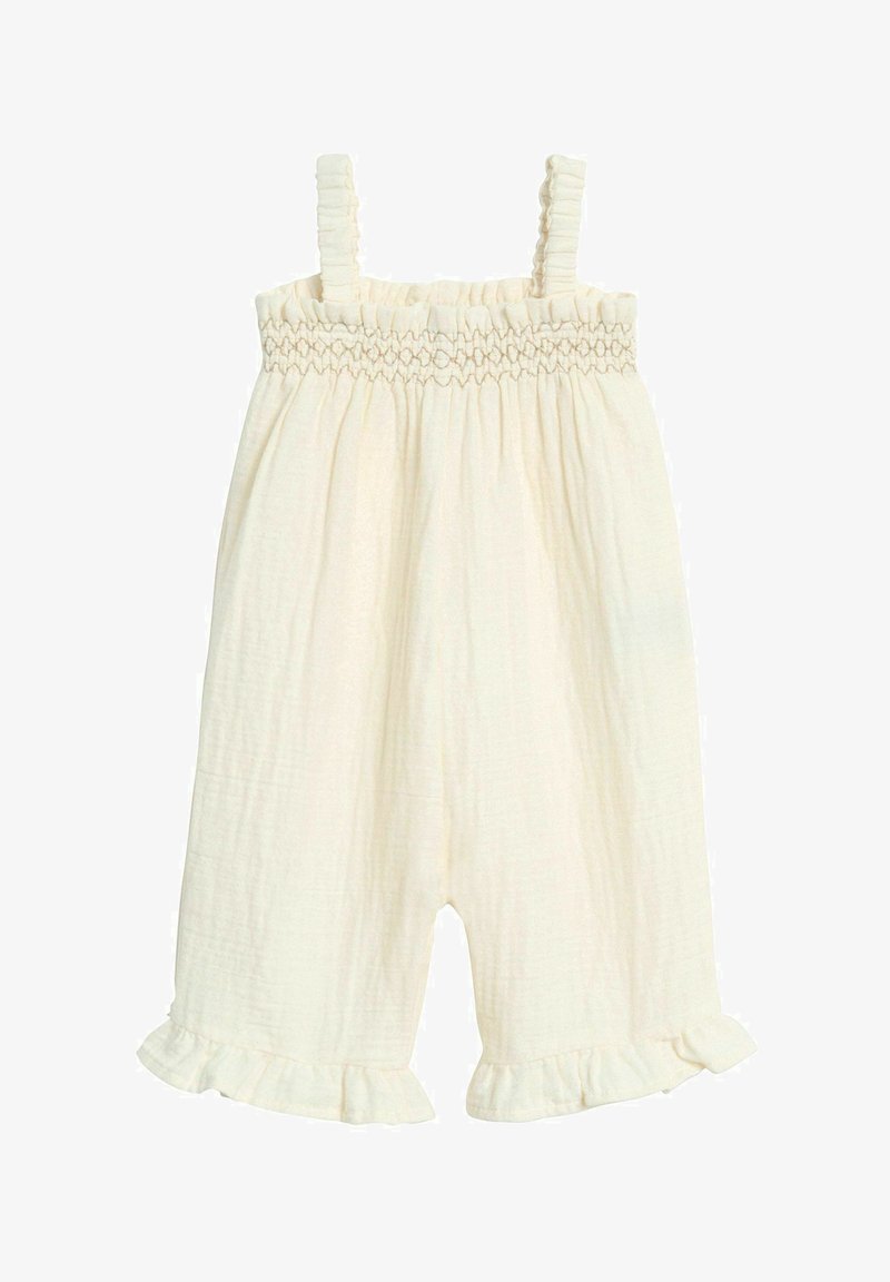 Lichtcrème rompertje van textuur katoen, met een gesmokte buste, dunne banden en een gerimpelde zoom bij de benen.