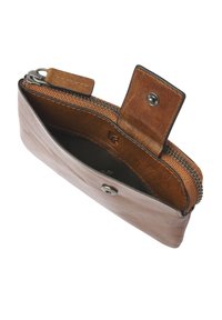 Brown leather wallet with a zipper closure, featuring a brown interior and snap button. Smooth exterior with stitching details.