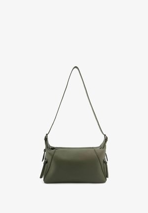 Schoudertas van olijfgroen leer met één riem en ritszakken aan beide zijden.
